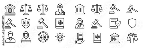 Justice symbols and legal icons representing law, courts, and jurisprudence in a minimalistic design