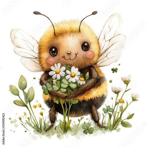 Whimsical watercolor isolated on white, smiling bee holding a tiny bouquet of daisies and clover, pastel tone, delicate wing Gentle Garden Messengers Celebration Bees