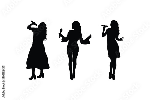Elegant Silhouette Set of Female Singers Holding Microphones Depicting Beautiful Women Performing on Stage Isolated on White Background for Music and Entertainment Designs
