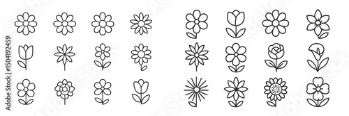Collection of simple line drawings of various flowers and plants arranged in neat rows for artistic inspiration