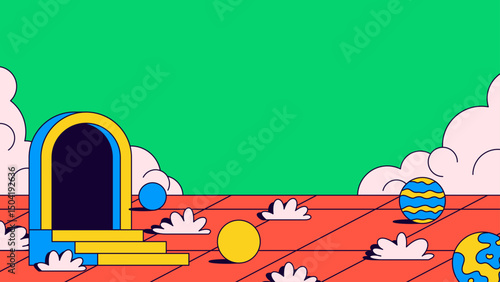 Surreal abstract landscape with doorway and planets illustration