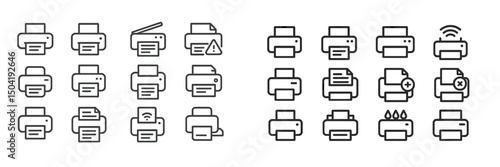 Collection of printer icons showing various functions and alerts in a simple black and white style
