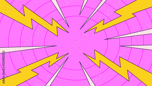 Lightning bolts radiating from the center against a pink background with circular lines with comic book style and pop art cartoon vector for  dynamic designs, comic panels background