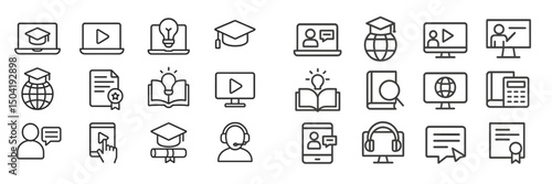 Icons representing various aspects of online education and e-learning platforms, covering themes of learning and interaction