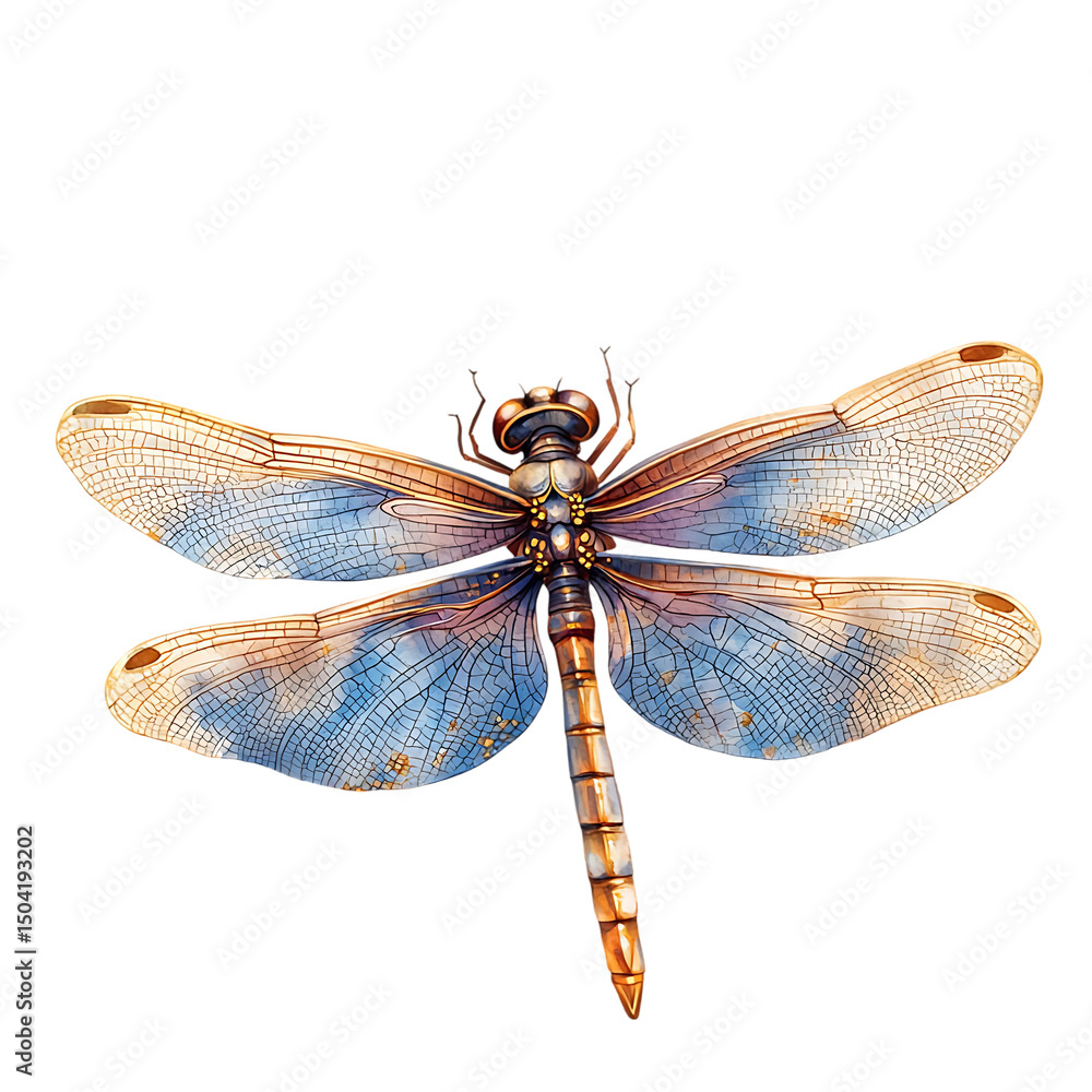Whimsical watercolor isolated on white, dragonfly with golden veins on wings flying near drifting cosmos petals Ethereal Garden Flight Botanical Air Dance Whimsical watercolor isolated on white, dragonfly with golden veins on wings flying near drifting cosmos petals Ethereal Garden Flight Botanical Air Dance