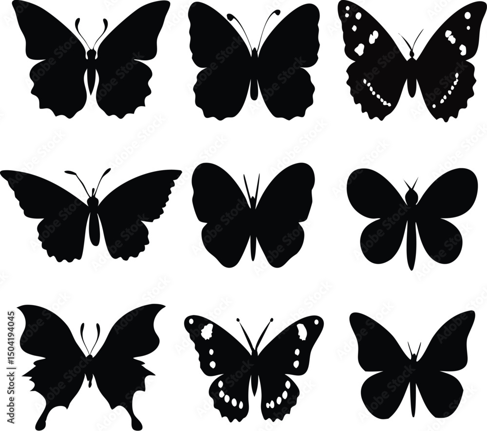 Isolated black and white vector of butterflies with minimal line art, Isolated black and white vector of butterflies with minimal line art,