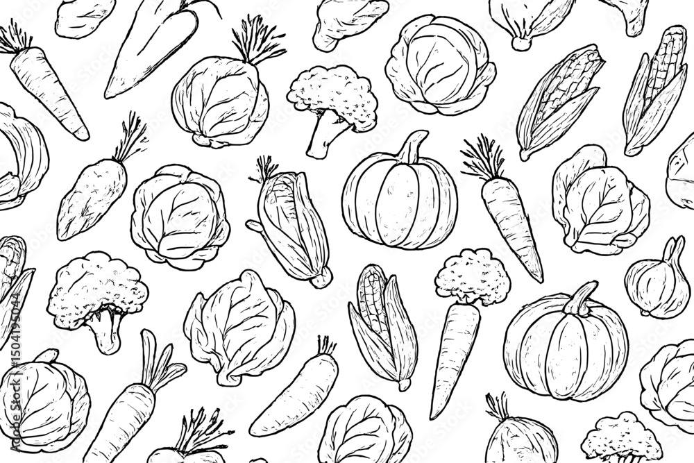 Colorful collection of hand-drawn vegetables including carrots, cabbage, broccoli, and pumpkin on a white background Colorful collection of hand-drawn vegetables including carrots, cabbage, broccoli, and pumpkin on a white background