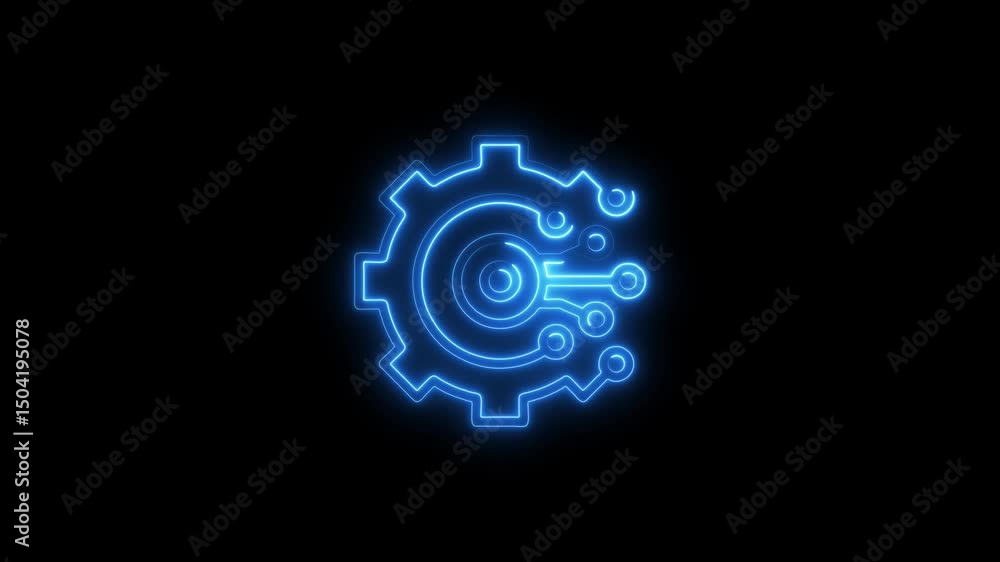Animated neon blue gear with integrated circuitry symbol glowing on black background for tech and innovation concepts Animated neon blue gear with integrated circuitry symbol glowing on black background for tech and innovation concepts