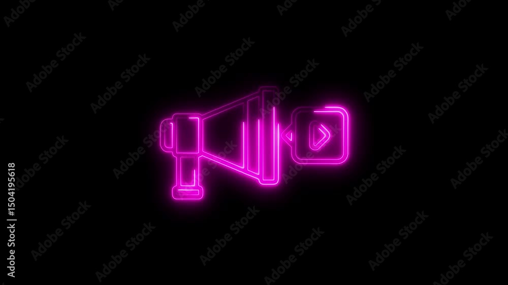 Glowing neon style megaphone animation with play button sign on black background represents media advertisement promotion Glowing neon style megaphone animation with play button sign on black background represents media advertisement promotion