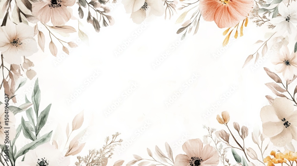 A Scandinavian-style watercolor illustration of a rectangular floral frame featuring soft minimalist florals in muted earthy tones, providing a clean and modern aesthetic A Scandinavian-style watercolor illustration of a rectangular floral frame featuring soft minimalist florals in muted earthy tones, providing a clean and modern aesthetic