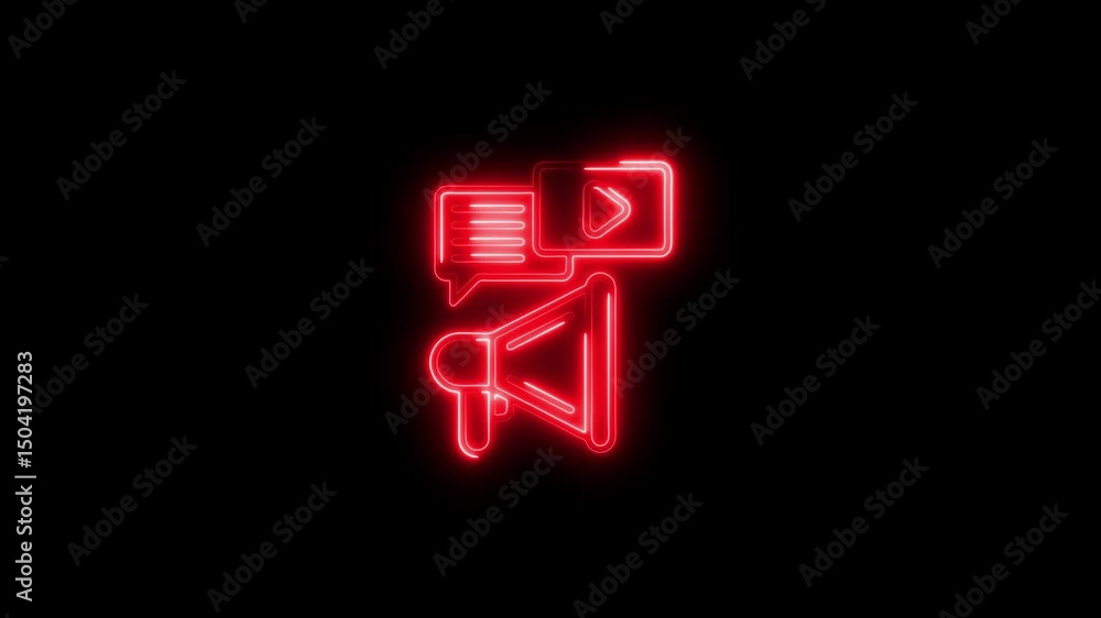 Red neon advertising symbol animated on black backdrop representing video marketing and social media campaigns Red neon advertising symbol animated on black backdrop representing video marketing and social media campaigns