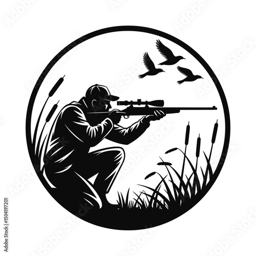 Hunting silhouette vector with hunter aiming at flying birds inside circular frame, outdoor sport hunting design, wildlife scene, nature illustration, bird shooting, hunting emblem, grass and reeds