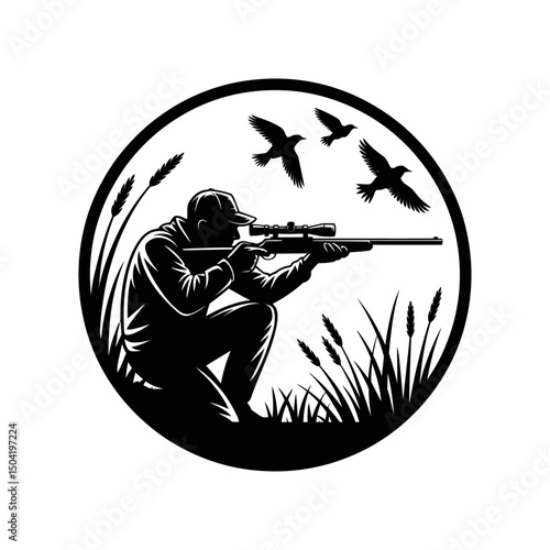 Hunting silhouette vector with hunter aiming at flying birds inside circular frame, outdoor sport hunting design, wildlife scene, nature illustration, bird shooting, hunting emblem, grass and reeds