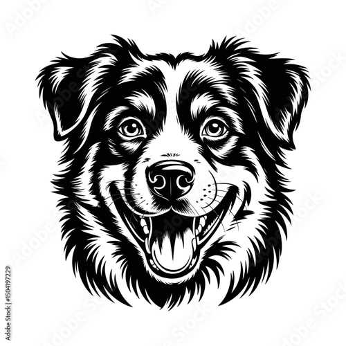 Happy dog face silhouette vector with smiling expression, joyful pet illustration, friendly canine portrait, black and white line art, cute dog character, animal mascot design, pet graphic