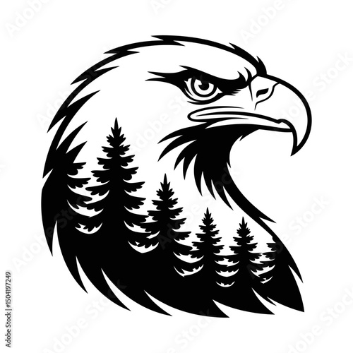 Eagle head silhouette vector with pine tree forest integrated into feathers, majestic bird of prey design, wildlife emblem, nature art, strong bird illustration, outdoor wildlife graphic
