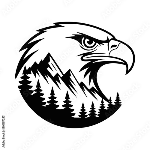 Eagle head silhouette vector with mountain landscape and pine tree forest integrated into feathers, majestic bird of prey design, wildlife emblem, nature art, strong bird illustration