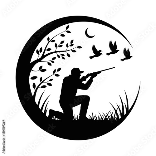Hunting silhouette vector with hunter aiming at flying birds inside crescent moon frame, outdoor sport hunting design, wildlife scene, nature illustration, bird shooting, hunting emblem