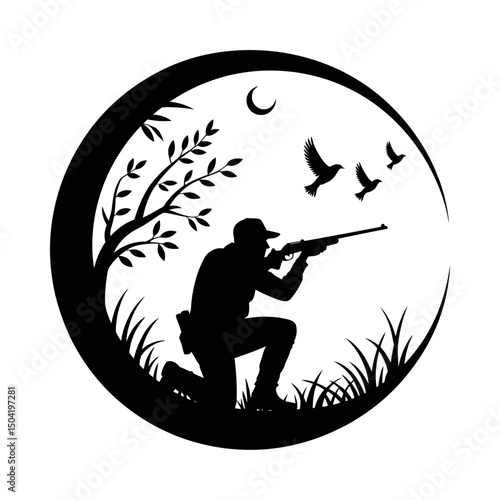 Hunting silhouette vector with hunter aiming at flying birds inside crescent moon frame, outdoor sport hunting design, wildlife scene, nature illustration, bird shooting, hunting emblem