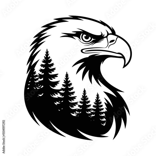 Eagle head silhouette vector with pine tree forest integrated into feathers, majestic bird of prey design, wildlife emblem, nature art, strong bird illustration, outdoor wildlife graphic