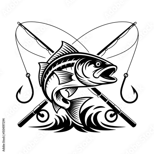 Fishing silhouette vector with jumping fish and crossed fishing rods with hooks, water splash, outdoor sport fishing design, angler badge, aquatic wildlife illustration, fishing logo