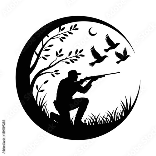 Hunting silhouette vector with hunter aiming at flying birds inside crescent moon frame, outdoor sport hunting design, wildlife scene, nature illustration, bird shooting, hunting emblem