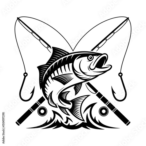 Fishing emblem silhouette vector with jumping fish and crossed fishing rods with hooks, water splash, outdoor sport fishing design, angler badge, aquatic wildlife illustration, fishing logo
