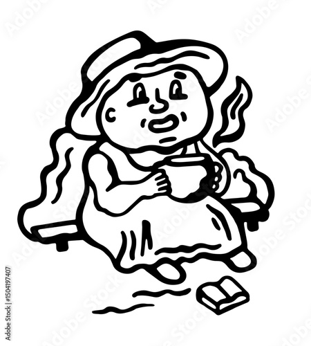 Black and white vector illustration of a grandmother in a hat resting on a bench with a cup of tea and a book on a white isolated background