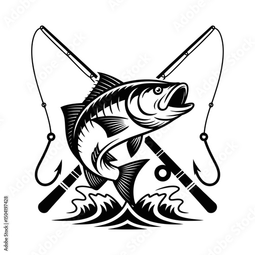 Fishing emblem silhouette vector with jumping fish and crossed fishing rods, water splash, outdoor sport fishing design, angler badge, aquatic wildlife illustration, fishing logo, fishing gear symbol