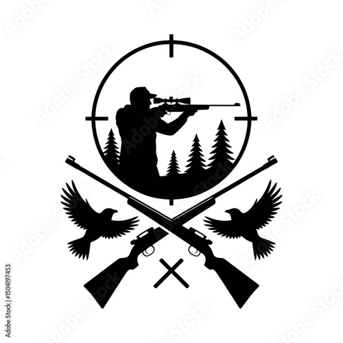 Hunting silhouette vector with hunter aiming through scope, crossed rifles, flying birds, pine forest background, outdoor sport hunting design, wildlife and game hunting illustration, hunting emblem

