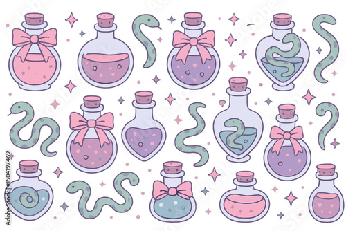 Colorful potion bottles and snakes design for a whimsical fantasy theme
