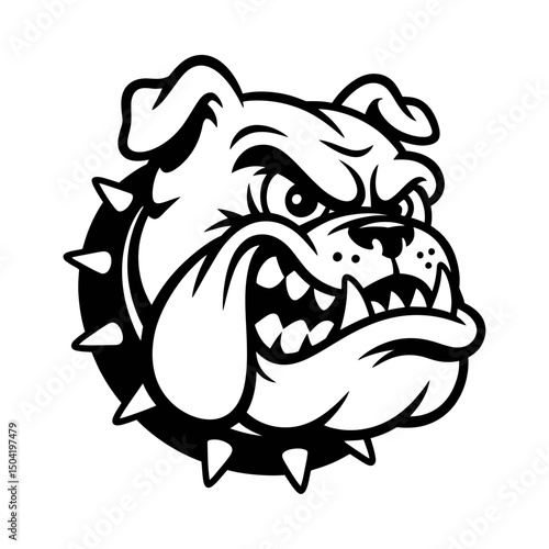  Bulldog Head Silhouette Vector with Spiked Collar, Fierce Dog Mascot in Black and White, Aggressive Guard Dog Logo Design for Sports Teams, Tattoo, Sticker, or Streetwear Branding