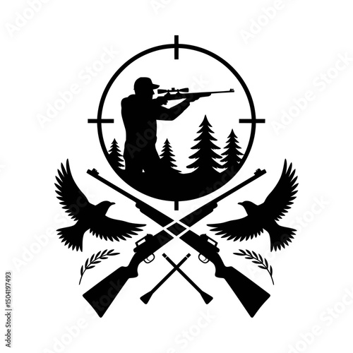 Hunting Silhouette Logo with Shooter, Crossed Rifles, Flying Ducks, Pine Trees, and Target Scope, Black and White Outdoor Hunting Emblem, Wildlife Shooting Design, Hunter and Game Birds Symbol