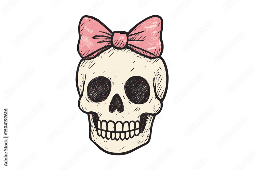 Skull with a pink bow adds a playful touch to a traditional symbol of mortality Skull with a pink bow adds a playful touch to a traditional symbol of mortality
