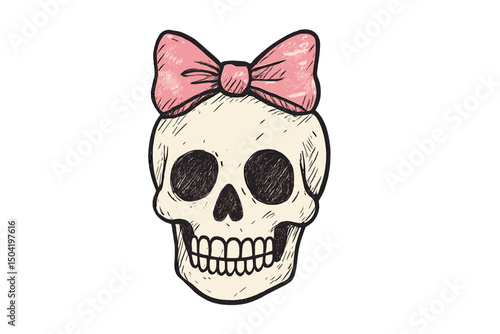 Skull with a pink bow adds a playful touch to a traditional symbol of mortality