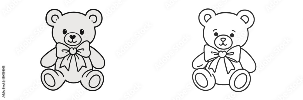 Cute illustrated teddy bears with bows in a playful style for children's coloring activities Cute illustrated teddy bears with bows in a playful style for children's coloring activities