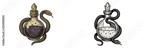 Vintage potion bottles with snakes and crystals design showcasing mystical elements in an imaginative illustration