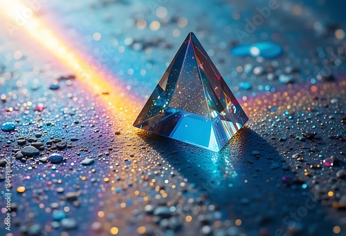 Explore the magic of light refraction with a crystal prism on a wet surface background art