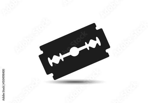 A black razor blade is isolated on a white background with a shadow underneath it in a simple design