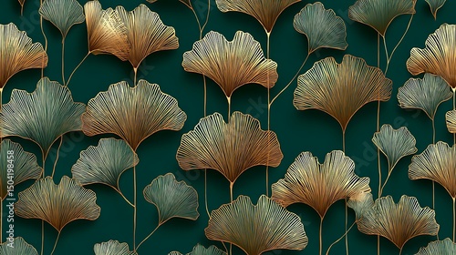 A repeating pattern of golden ginkgo leaves on a dark teal background creating a wallpaper design