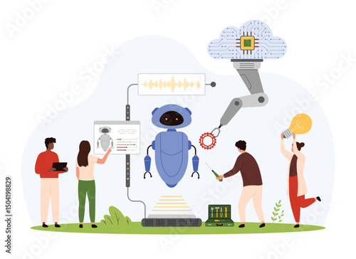 AI automation, smart future construction technology and manufacturing. Tiny people and tech robotic arm with cloud connection building modern robot on factory platform cartoon vector illustration