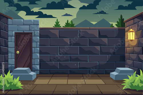 Game Background with Stone Wall and Mountains – Platformer Style