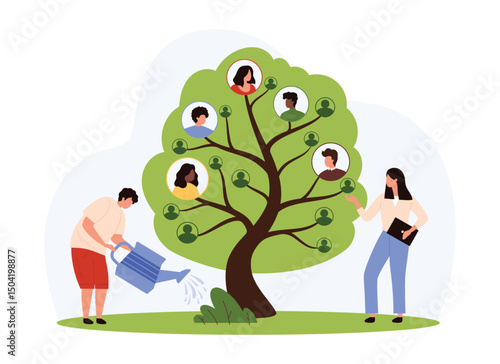 Corporate company organization, team building and development. Tiny people grow tree with different employee and coworkers portraits, develop professional community cartoon vector illustration