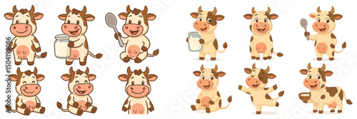 Cute cartoon cows engaged in playful activities in a farm setting