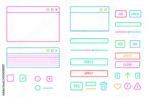 Colorful user interface elements designed for web applications and software development in a playful layout