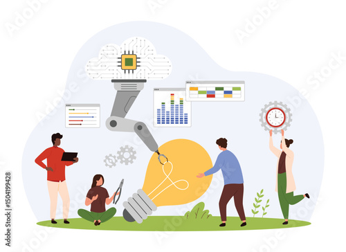 Tech insight and digital innovation development, lab construction of technical idea or project. Tiny people and robot with circuit cloud connection work on light bulb cartoon vector illustration