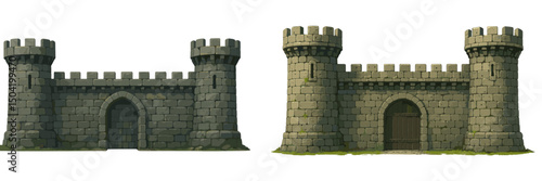 Detailed view of two medieval castle walls showcasing stone architecture and towers with battlements typical of historical fortifications