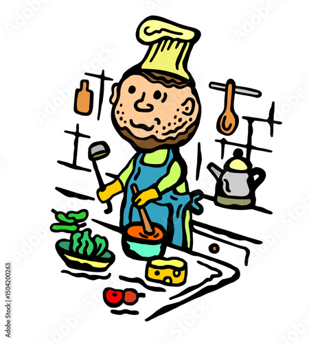 Colorful vector illustration of a chef in the middle of the kitchen stirring a dish on the table and holding a ladle on a white isolated background