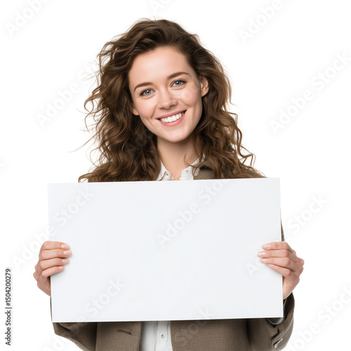 A woman holding a sign with copy space, smiling naturally, white background, real photo, stock photography