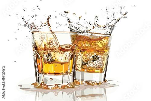 Glasses of whisky with ice isolated on white background.
