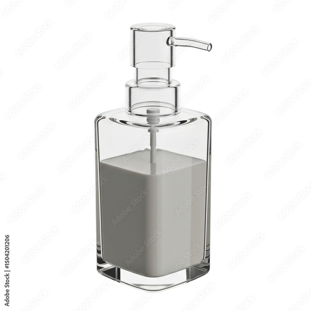 Obraz premium Clear glass soap dispenser with neutral colored soap isolated on transparent background